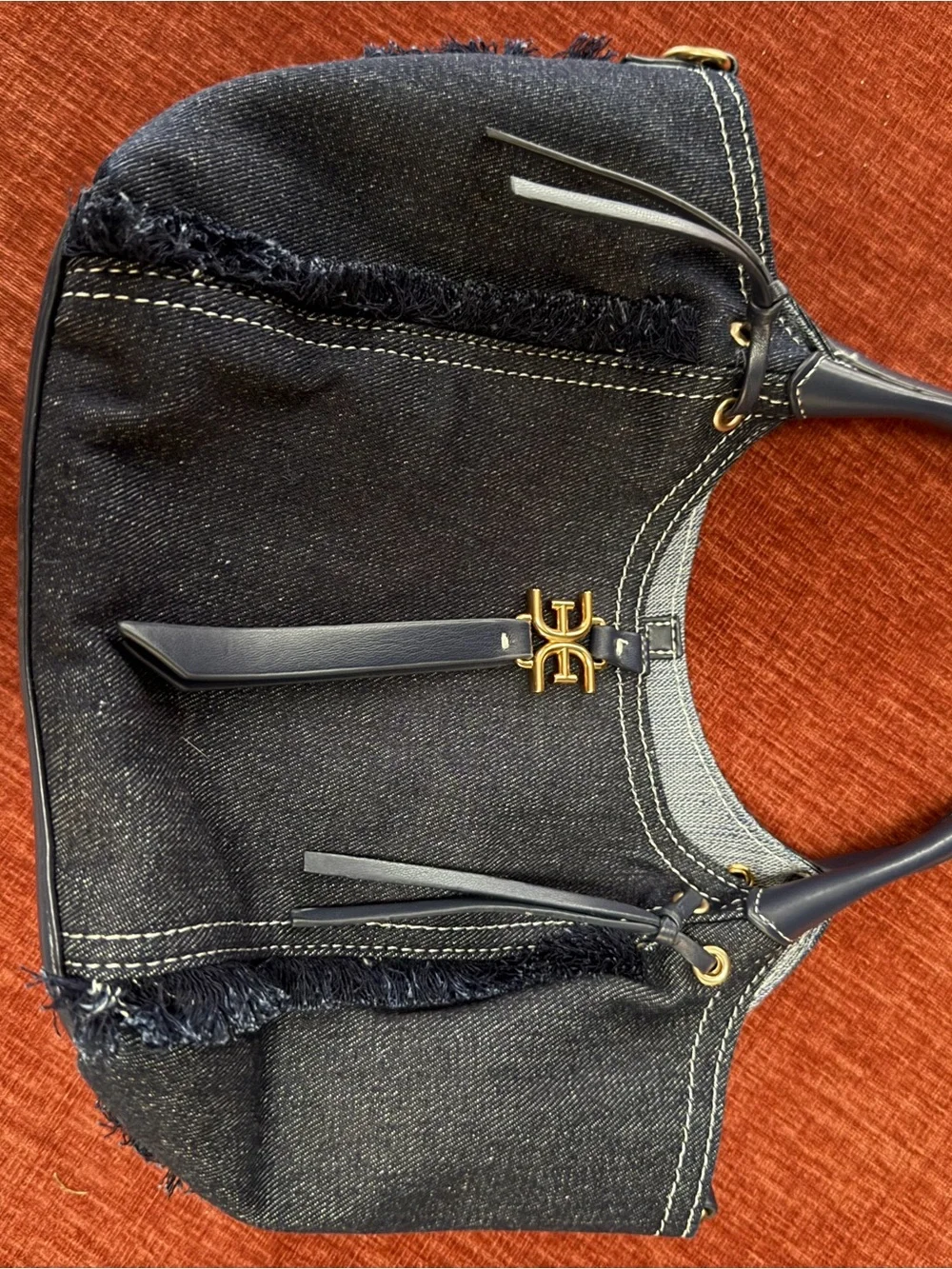 Sam Edelman Black Denim Shoulder Tote with Gold Logo Accent